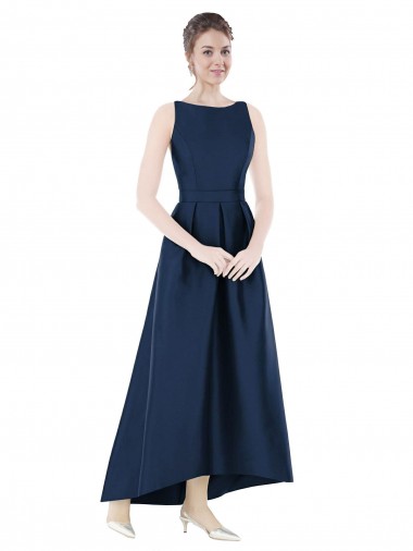 Shop Full Length Sleeveless Long Satin Bridesmaid Dress with High Low Hem Detail