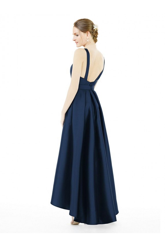 Shop Full Length Sleeveless Long Satin Bridesmaid Dress with High Low Hem Detail