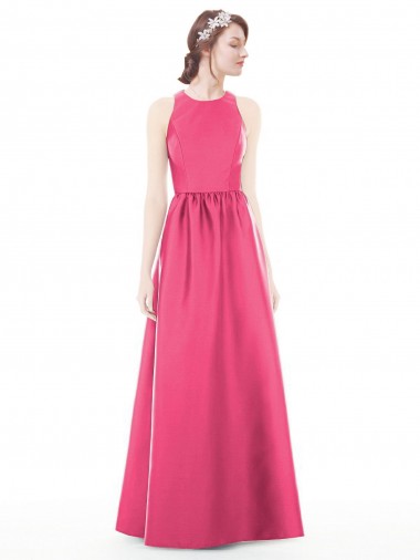 Shop Jewel Neck Keyhole Back Sleek Long Satin Bridesmaid Dress