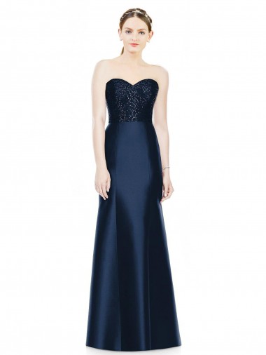 Shop Full Length Strapless Satin Bridesmaid Dress with Lace Sweetheart Neckline