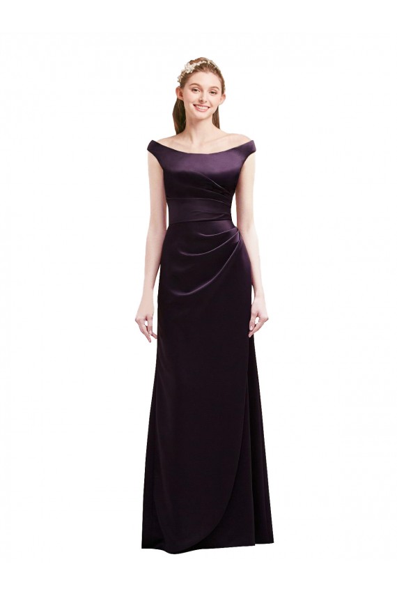 Shop Off The Shoulder Long Satin Bridesmaid Dress with Asymmetrical Pleated Bodice