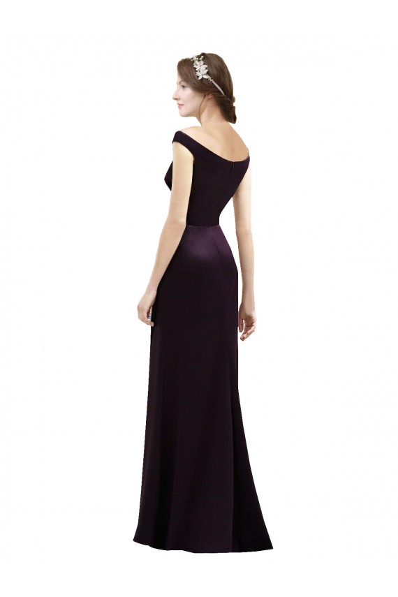 Shop Off The Shoulder Long Satin Bridesmaid Dress with Asymmetrical Pleated Bodice