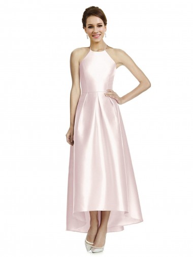 Shop Long High-Low Halter Satin Bridesmaid Dress with Criss-Cross Back