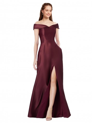 Shop Long Off the Shoulder Formal Satin Bridesmaid Dress / Prom Dress with Thigh-high Slit