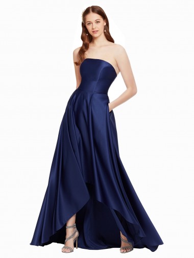 Shop High Low Strapless Formal Satin Bridesmaid Dress / Prom Dress with Pockets