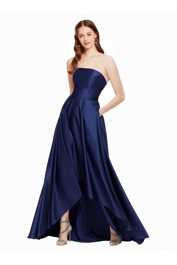 Shop High Low Strapless Formal Satin Bridesmaid Dress / Prom Dress with Pockets