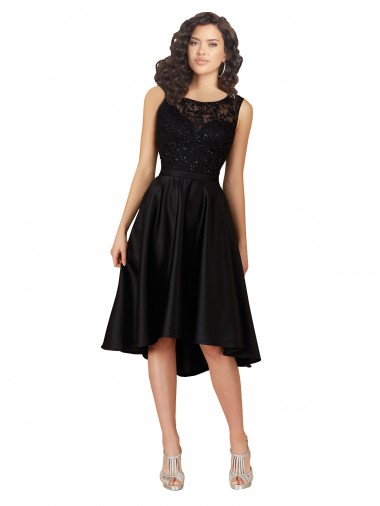 Shop Short High Low Satin Cocktail Bridesmaid Dress with a Beaded and Embroidered Bodice