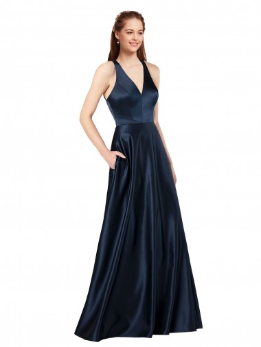 Shop Long Formal Satin Bridesmaid Gown with Halter Neckline