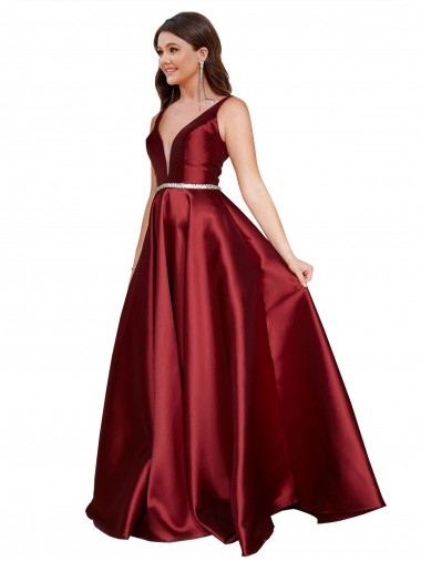 Shop Sleeveless Deep V-Neck A-Line Formal Satin Bridesmaid Dress / Prom Dress with Pockets