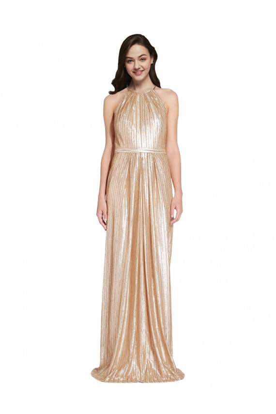 Shop Floor Length Halter Neck Sparkling Formal Sequin Bridesmaid Dress / Prom Dress with Pleats