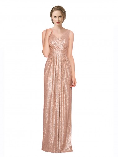 Shop Draped V-Neck Striking Sheath Floor Length Formal Sequin Bridesmaid Dress / Prom Dress