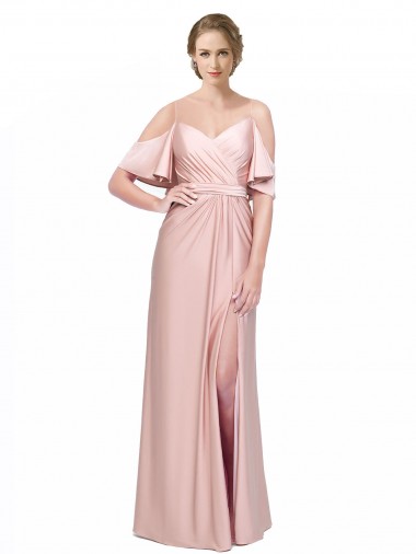 Shop Draped Cold Shoulder Sleeves Long Formal Silky Satin Bridesmaid Dress / Prom Dress with Slit and Tie Back