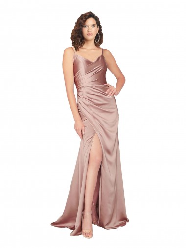 Shop Floor Length Formal Silky Satin Bridesmaid Dress / Prom Dress with Front Skirt Slit