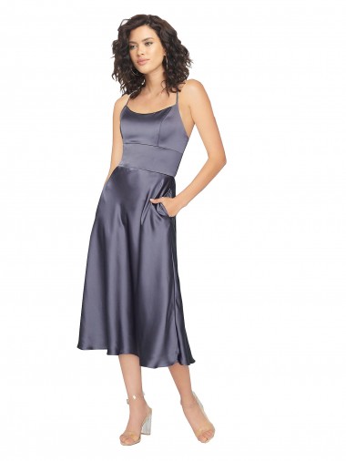 Shop Midi Cocktail Length Silky Satin Bridesmaid Dress / Prom Dress with Open Tied Back & Pockets