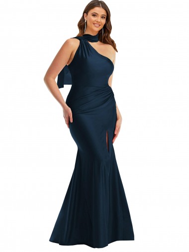 Shop Scarf Neck One Shoulder Formal Silky Satin Mermaid Bridesmaid Dress / Prom Dress with Front Slit