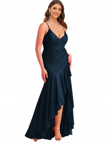 Shop Pleated Wrap Ruffled High Low Formal Silky Satin Bridesmaid Dress / Prom Dress