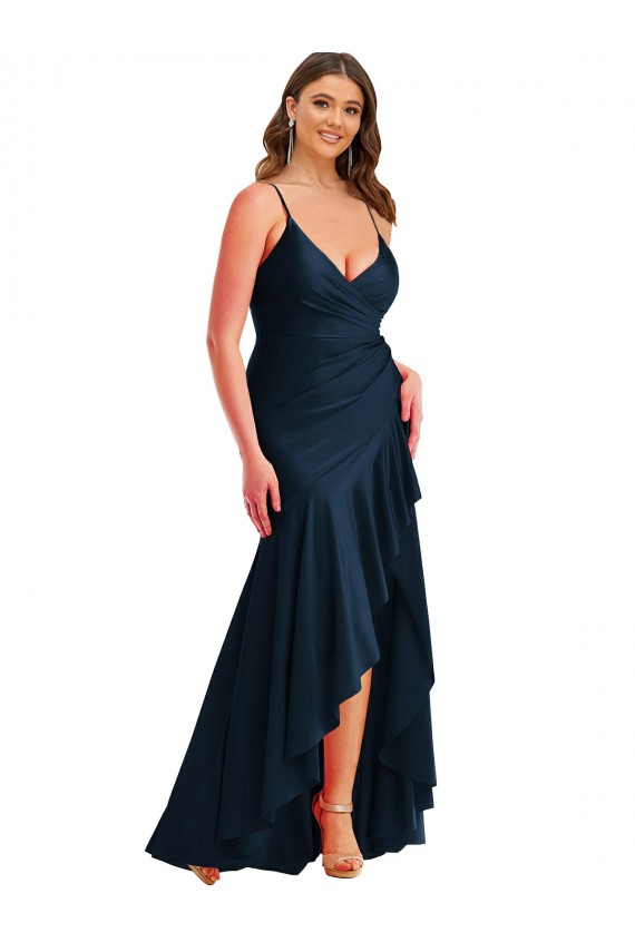 Shop Pleated Wrap Ruffled High Low Formal Silky Satin Bridesmaid Dress / Prom Dress