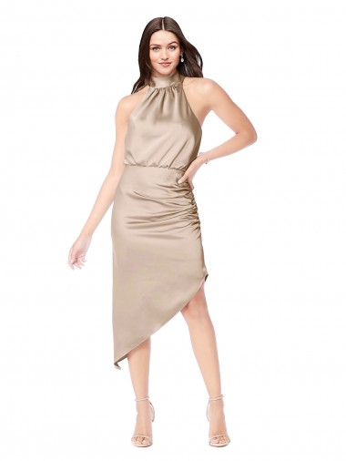 Shop Silky Satin High Low Midi Cocktail Length Bridesmaid Dress / Prom Dress with Asymmetric Skirt