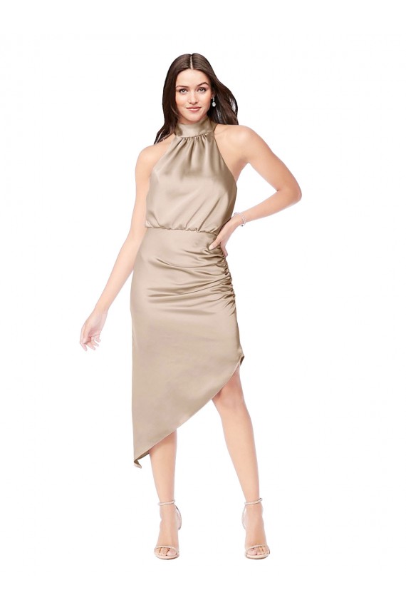 Shop Silky Satin High Low Midi Cocktail Length Bridesmaid Dress / Prom Dress with Asymmetric Skirt