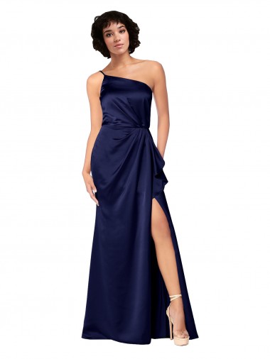 Shop One Shoulder Formal Silky Satin Bridesmaid Dress / Prom Dress with Skirt Slit