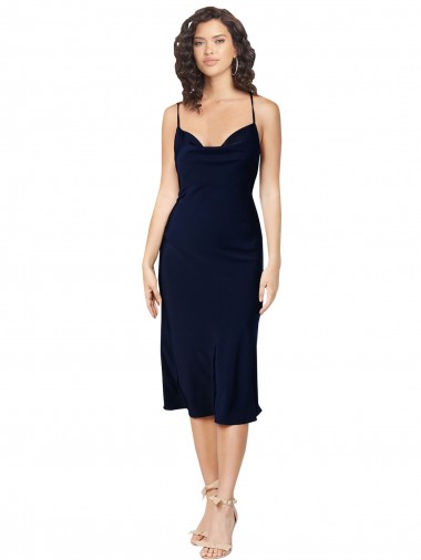 Shop Short Cocktail Midi Length Formal Silky Satin Bridesmaid Dress / Prom Dress with Cowl Neck and Cross Back Straps