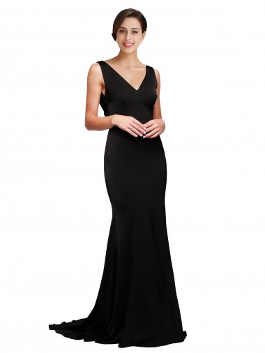 Shop V-Neck Full Length Formal Silky Satin Bridesmaid Dress / Prom Dress with Soft Cowl Neck and Sweep Train