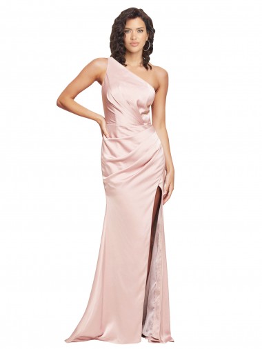 Shop Full Length Ruched Formal Silky Satin Bridesmaid Dress / Prom Dress with Low Back and High Split