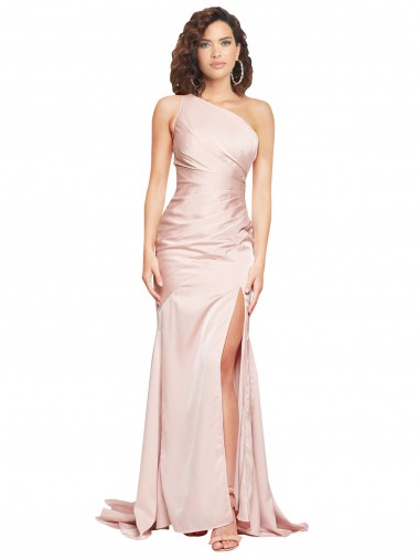 Shop Full Length One Shoulder Long Formal Silky Satin Bridesmaid Dress / Prom Dress with High Split