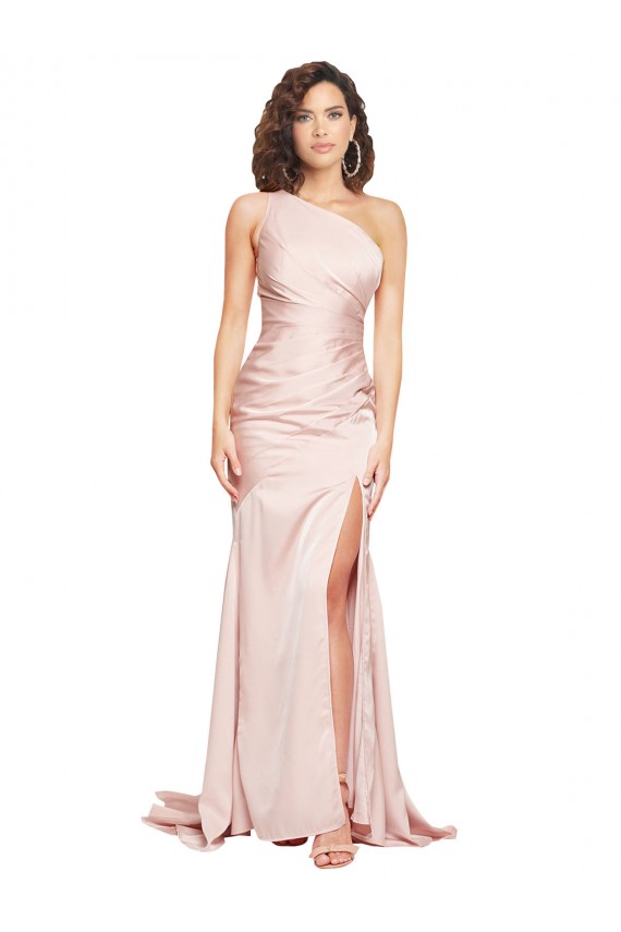 Shop Full Length One Shoulder Long Formal Silky Satin Bridesmaid Dress / Prom Dress with High Split