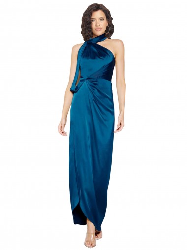 Shop High Halter Neck Formal Silky Satin Bridesmaid Dress / Prom Dress with Sash Overlay and Side Split