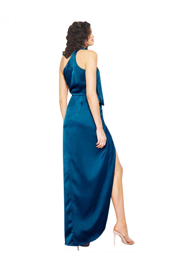 Shop High Halter Neck Formal Silky Satin Bridesmaid Dress / Prom Dress with Sash Overlay and Side Split