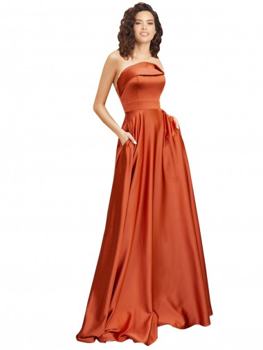 Shop Strapless Sweep Train Formal Silky Satin Bridesmaid Dress / Prom Dress with Pleats