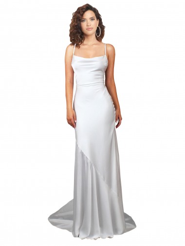 Shop Simple Lace Up Back Cowl Neck Long Sweep Train Silky Satin Beach Wedding Dress