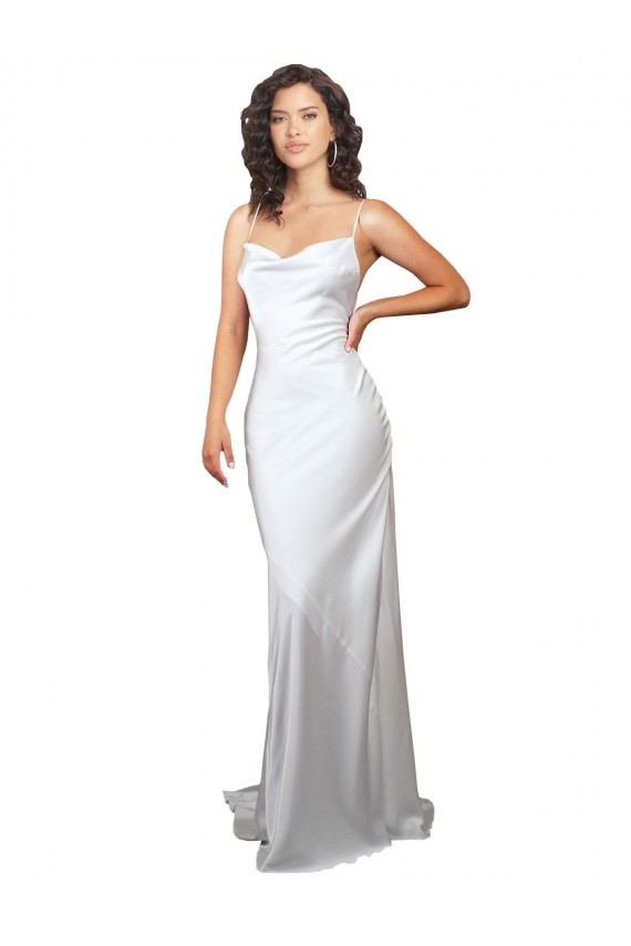 Shop Simple Sweep Train Low Back Tie Cowl Neck Long Silky Satin Beach Wedding Dress