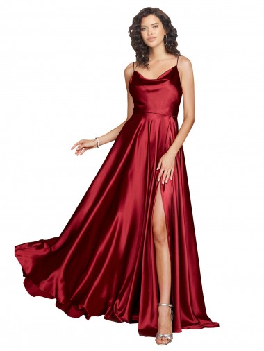 Shop Cowl Neckline Long Formal Silky Satin Bridesmaid Dress / Prom Dress with Spaghetti Straps