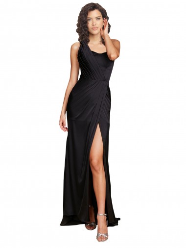 Shop Full Length One Shoulder Ruffled Long Formal Silky Satin Bridesmaid Dress / Prom Dress with High Slit