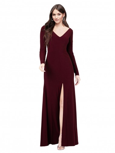 Shop Long Sleeves Spandex Bridesmaid Gown with Front Slit