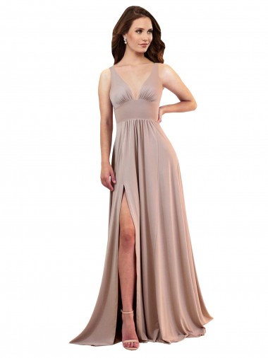 Shop Long A-Line Plunge V-Neckline Formal Spandex Bridesmaid Dress / Prom Dress with Slit