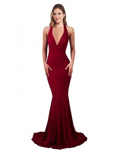 Shop Halter Mermaid Plunge V-Neckline Open Back Bow Tie Formal Spandex Bridesmaid Dress / Prom Dress