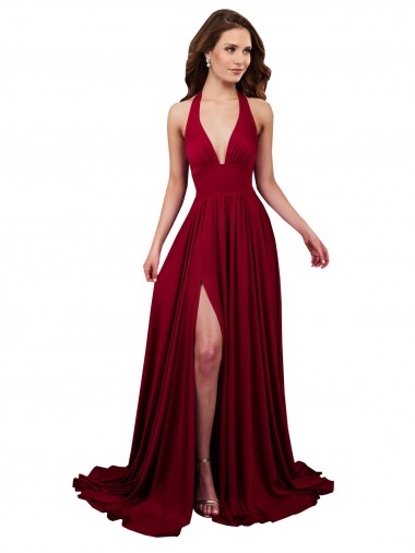 Shop A-Line Halter Plunge V-Neckline Open Back Formal Spandex Bridesmaid Dress / Prom Dress with Slit