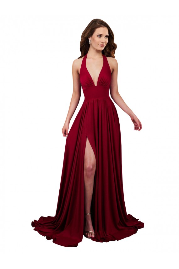 Shop A-Line Halter Plunge V-Neckline Open Back Formal Spandex Bridesmaid Dress / Prom Dress with Slit