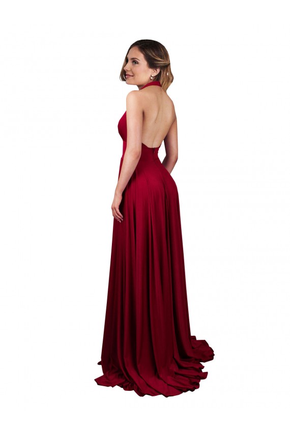 Shop A-Line Halter Plunge V-Neckline Open Back Formal Spandex Bridesmaid Dress / Prom Dress with Slit