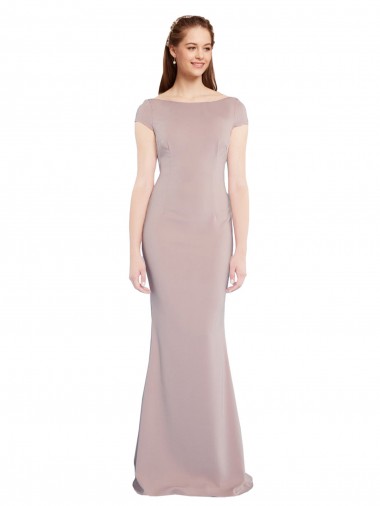 Shop Boat Neck Cap Sleeve Formal Crepe Bridesmaid Dress / Prom Dress with Plunging Tie Back