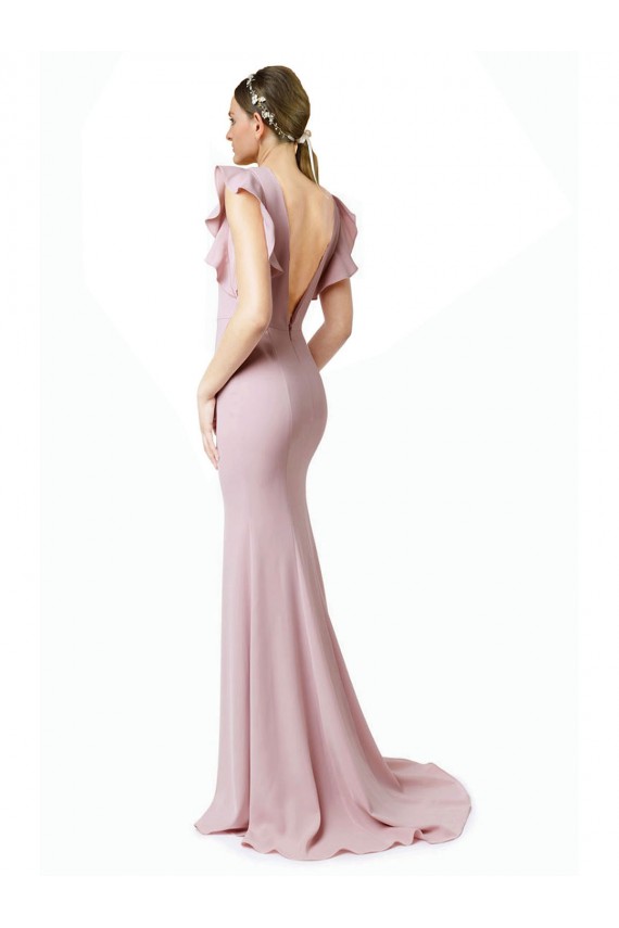 Shop Low V-Back Long Mermaid Crepe Bridesmaid Dress / Prom Dress with Ruffled Sleeves