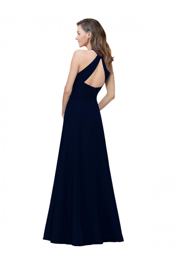 Shop High Neck Crepe Bridesmaid Dress / Prom Dress with Pleats and Keyhole Back