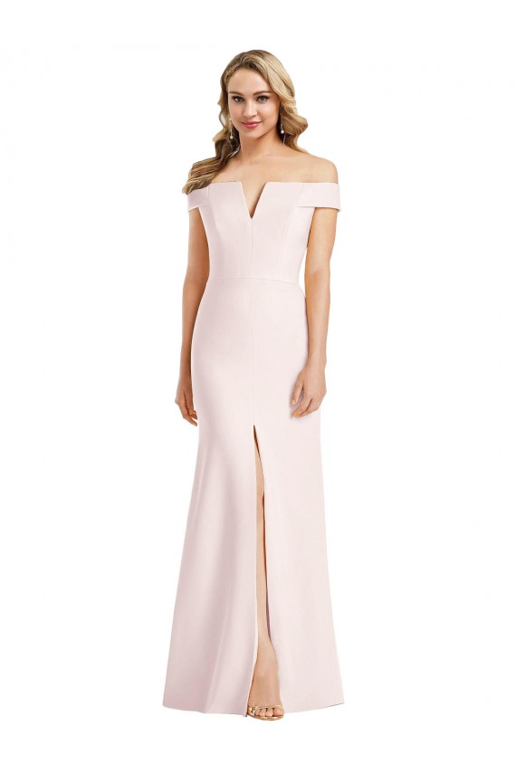 Shop Off the Shoulder Notch Trumpet Formal Crepe Bridesmaid Dress / Prom Dress with Front Slit