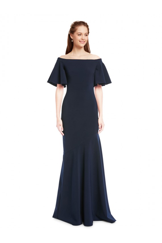 Shop Off the Shoulder Formal Crepe Bridesmaid Dress / Prom Dress with Short Ruffle Sleeves.