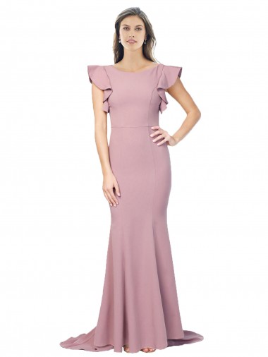 Shop Flutter Sleeves Low V-Back High Round Neck Formal Crepe Bridesmaid Dress / Prom Dress