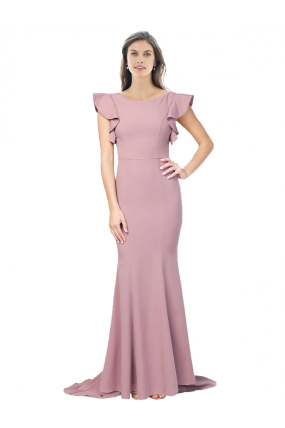 Shop Flutter Sleeves Low V-Back High Round Neck Formal Crepe Bridesmaid Dress / Prom Dress