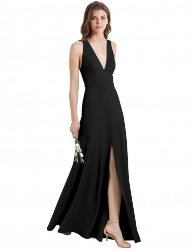 Shop Sleek Halter V-Neck Long A-Line Stretch Formal Crepe Bridesmaid Dress / Prom Dress with Front Slit